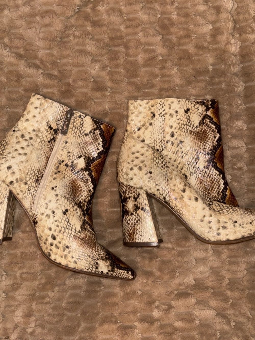 Charles By Charles David Beige and Brown Snakeskin Ankle Boots